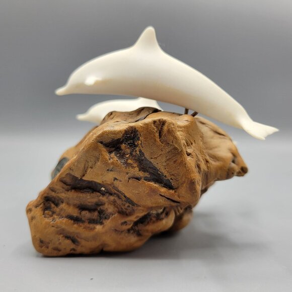 Vintage John Perry White Dolphin Sculpture On Driftwood Base 4" Tall - Picture 10 of 14